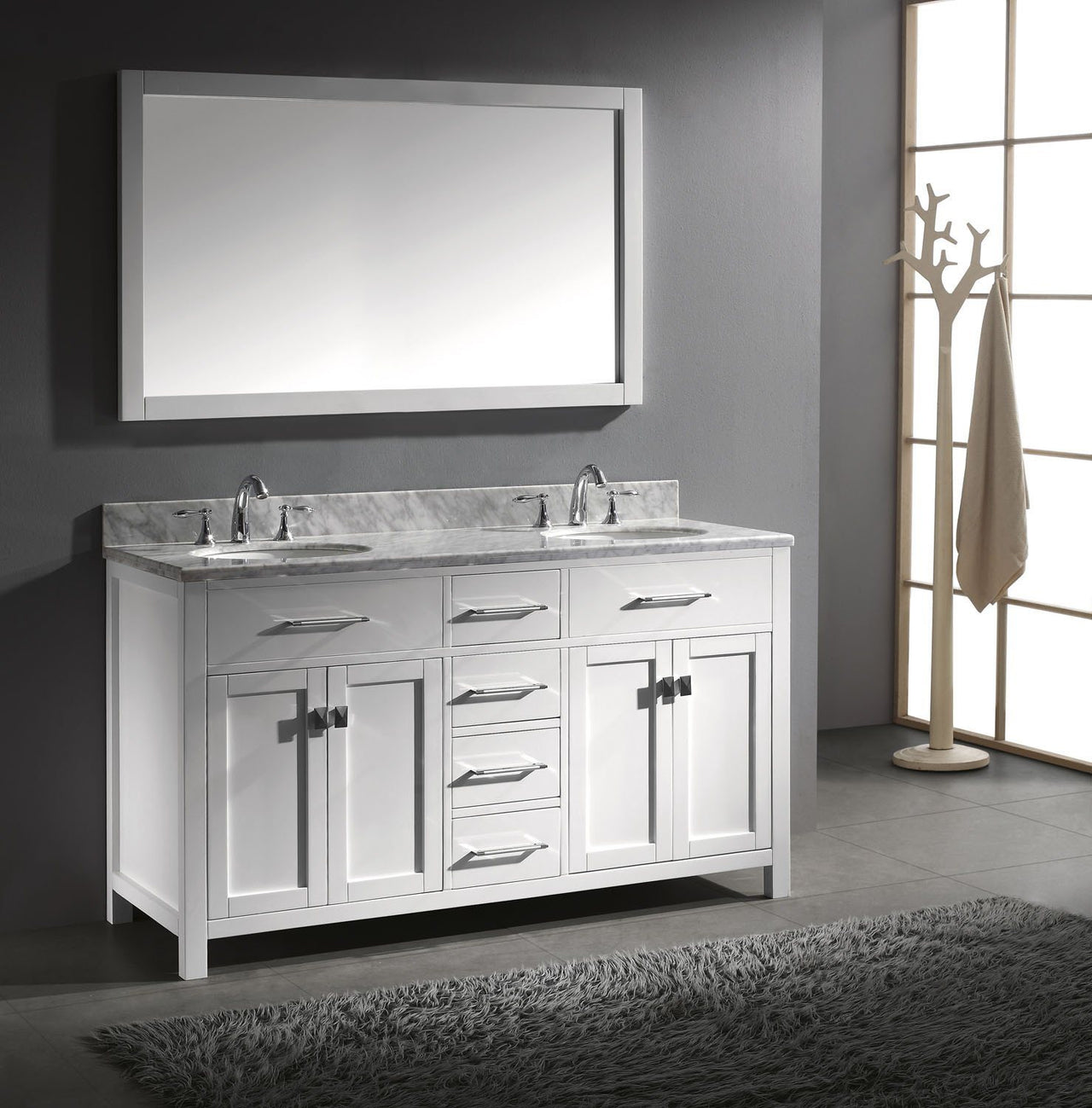 Virtu USA Caroline 60" Double Round Sink White Top Vanity in White with Mirror Vanity Virtu USA 