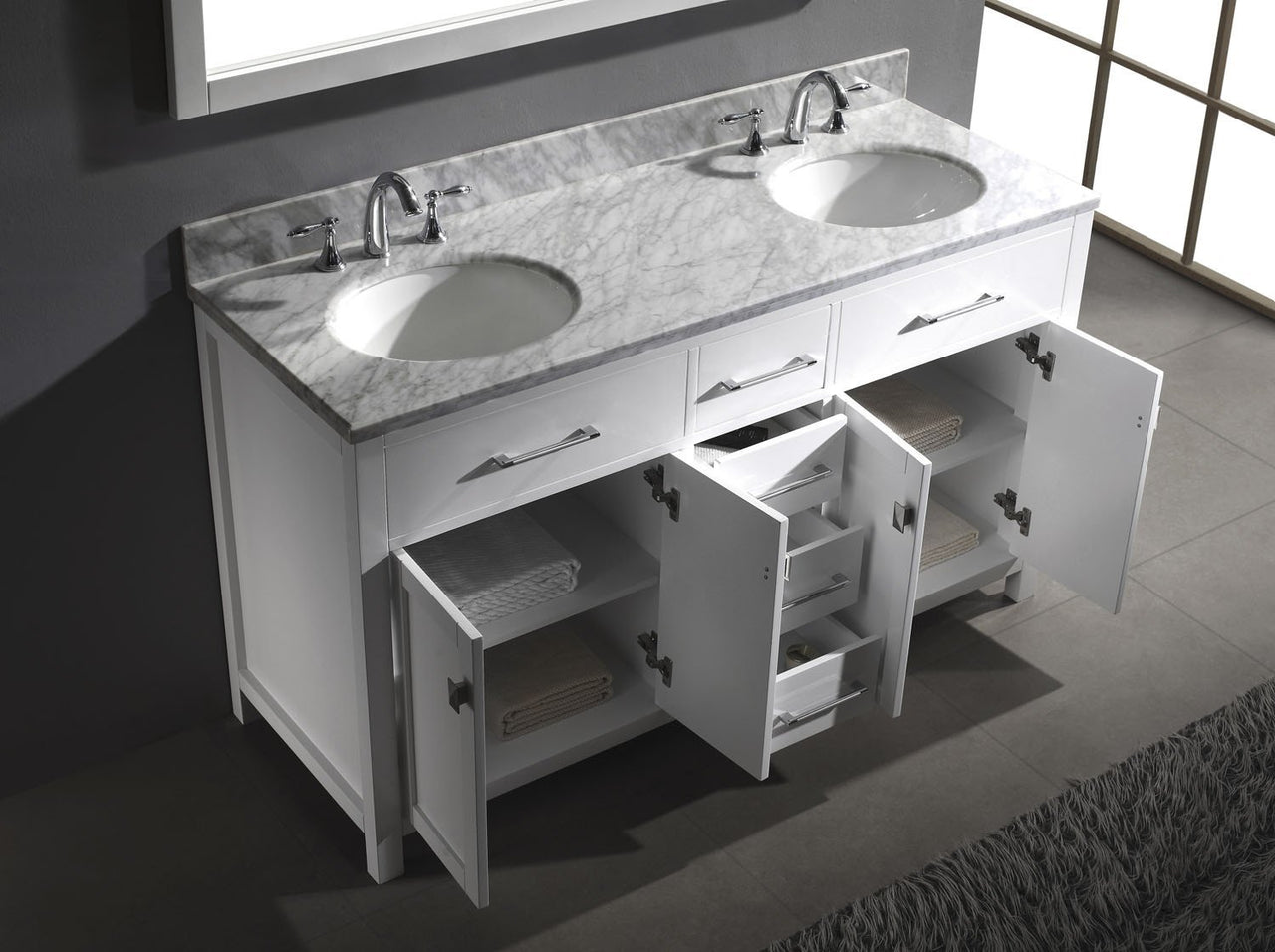 Virtu USA Caroline 60" Double Round Sink White Top Vanity in White with Mirror Vanity Virtu USA 