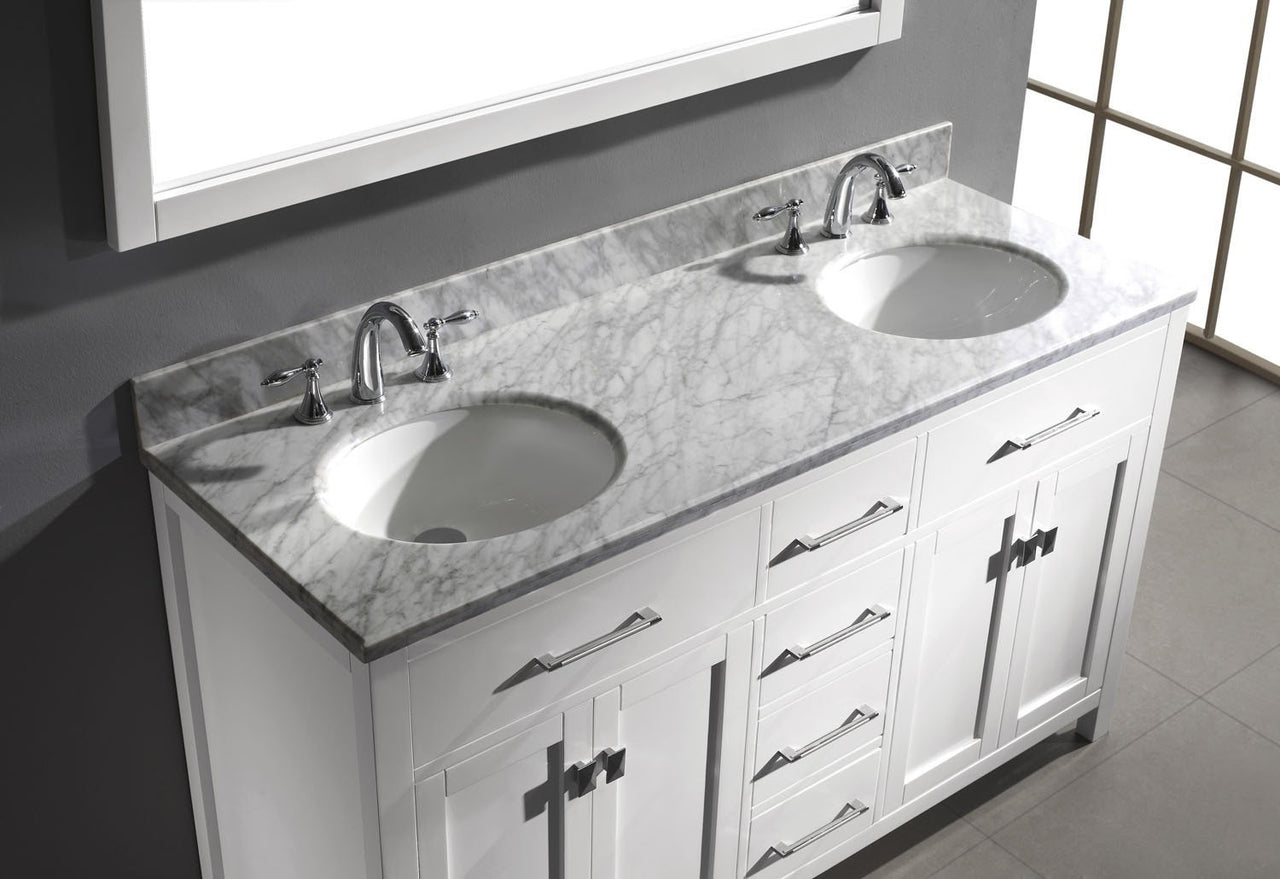 Virtu USA Caroline 60" Double Round Sink White Top Vanity in White with Mirror Vanity Virtu USA 