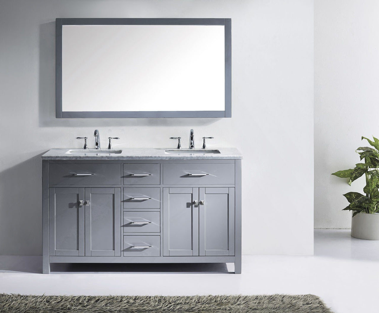 Virtu USA Caroline 60" Double Square Sink Grey Top Vanity in Grey with Mirror Vanity Virtu USA 