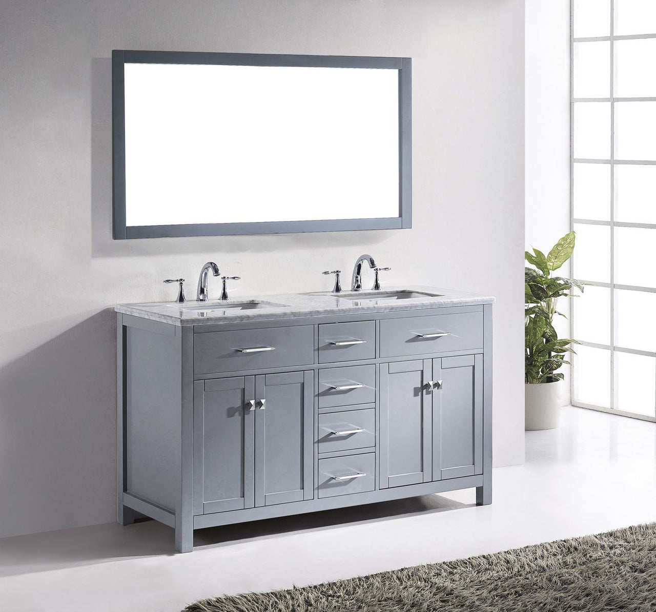 Virtu USA Caroline 60" Double Square Sink Grey Top Vanity in Grey with Mirror Vanity Virtu USA 
