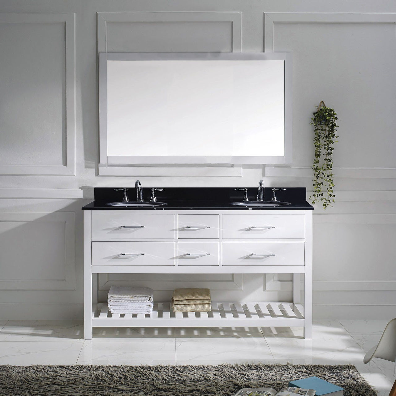 Virtu USA Caroline Estate 60" Double Round Sink White Top Vanity in White with Mirror Vanity Virtu USA 