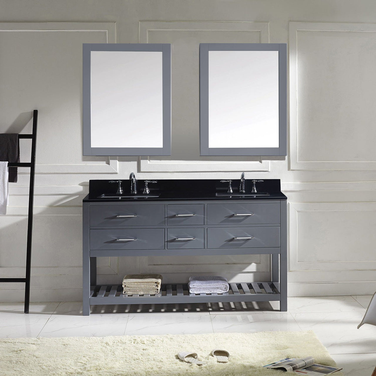 Virtu USA Caroline Estate 60" Double Square Sink Grey Top with Mirrors Vanity Virtu USA 