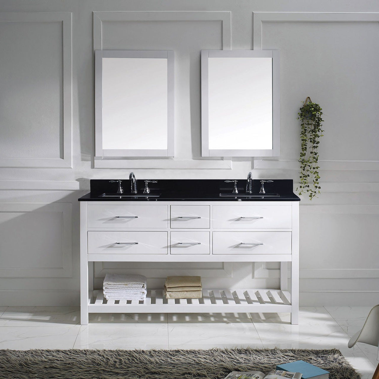 Virtu USA Caroline Estate 60" Double Square Sink White Top Vanity in White with Mirrors Vanity Virtu USA 