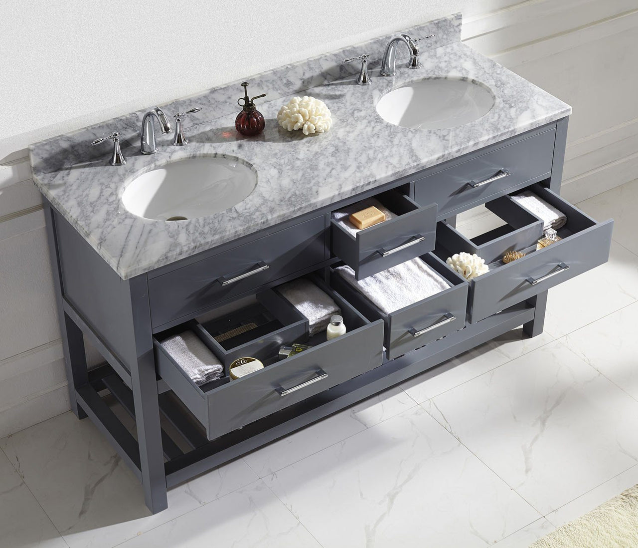 Virtu USA Caroline Estate 60" Double Round Sink Grey Top Vanity in Grey with Mirror Vanity Virtu USA 