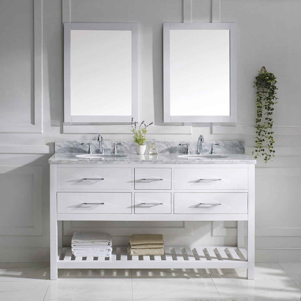 Virtu USA Caroline Estate 60" Double Round Sink White Top with Mirrors Vanity Virtu USA 