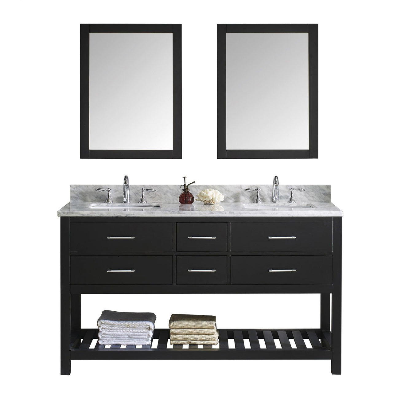 Virtu USA Caroline Estate 60" Double Square Sink Espresso Top with Mirrors