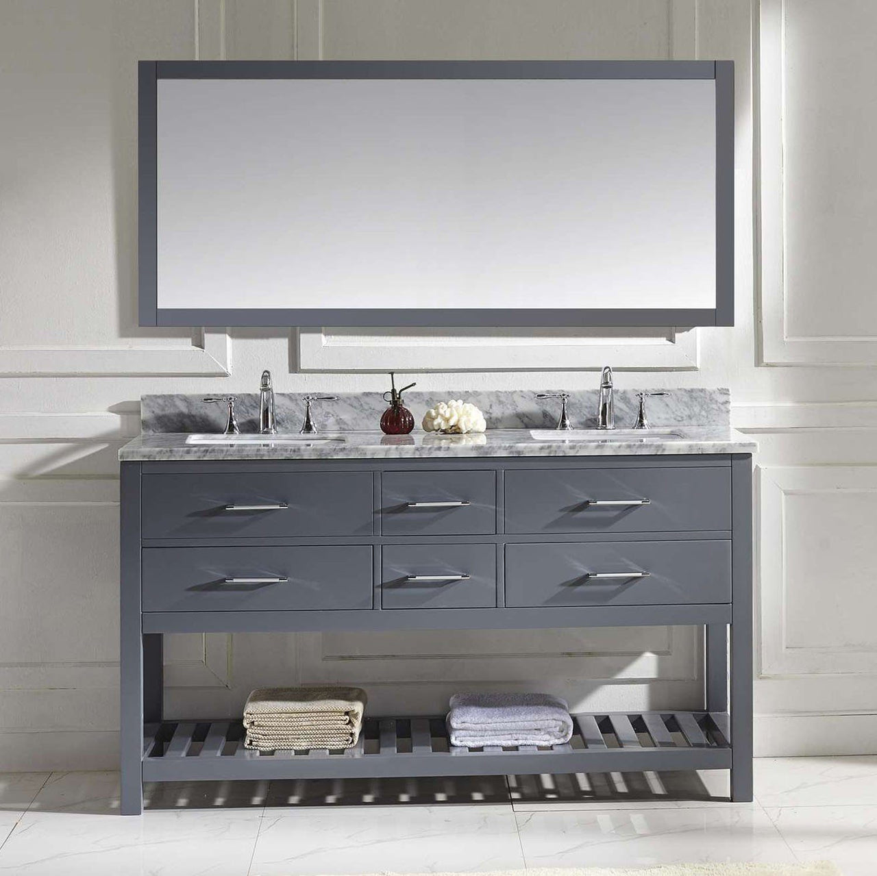 Virtu USA Caroline Estate 60" Double Square Sink Grey Top Vanity in Grey with Mirror Vanity Virtu USA 