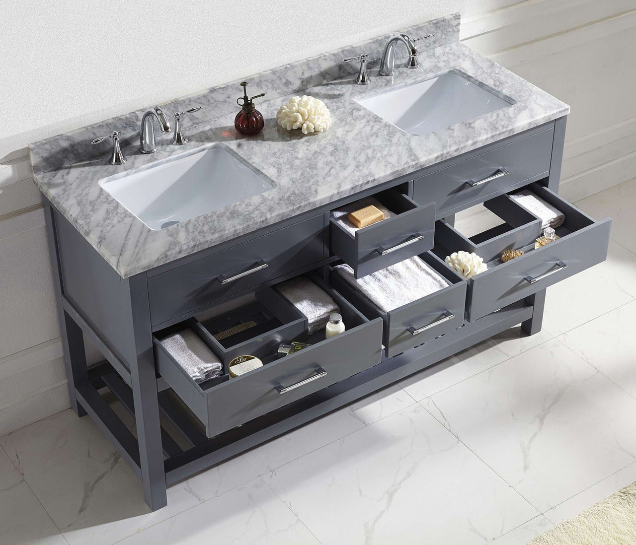 Virtu USA Caroline Estate 60" Double Square Sink Grey Top Vanity in Grey with Mirror Vanity Virtu USA 
