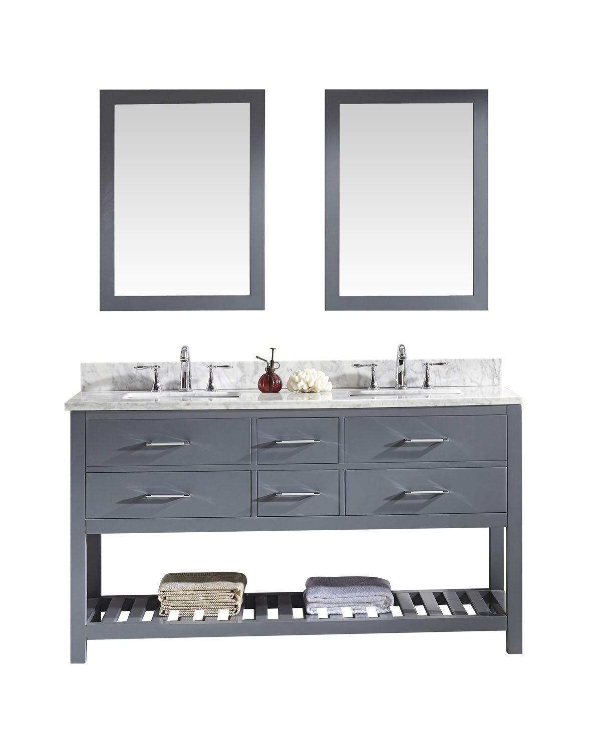 Virtu USA Caroline Estate 60" Double Square Sink Grey Top with Mirrors Vanity Virtu USA 