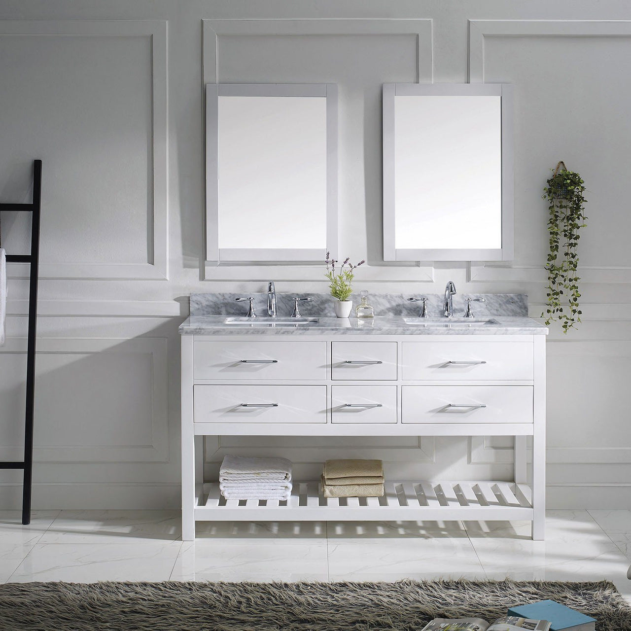 Virtu USA Caroline Estate 60" Double Square Sink White Top Vanity in White with Mirrors Vanity Virtu USA 
