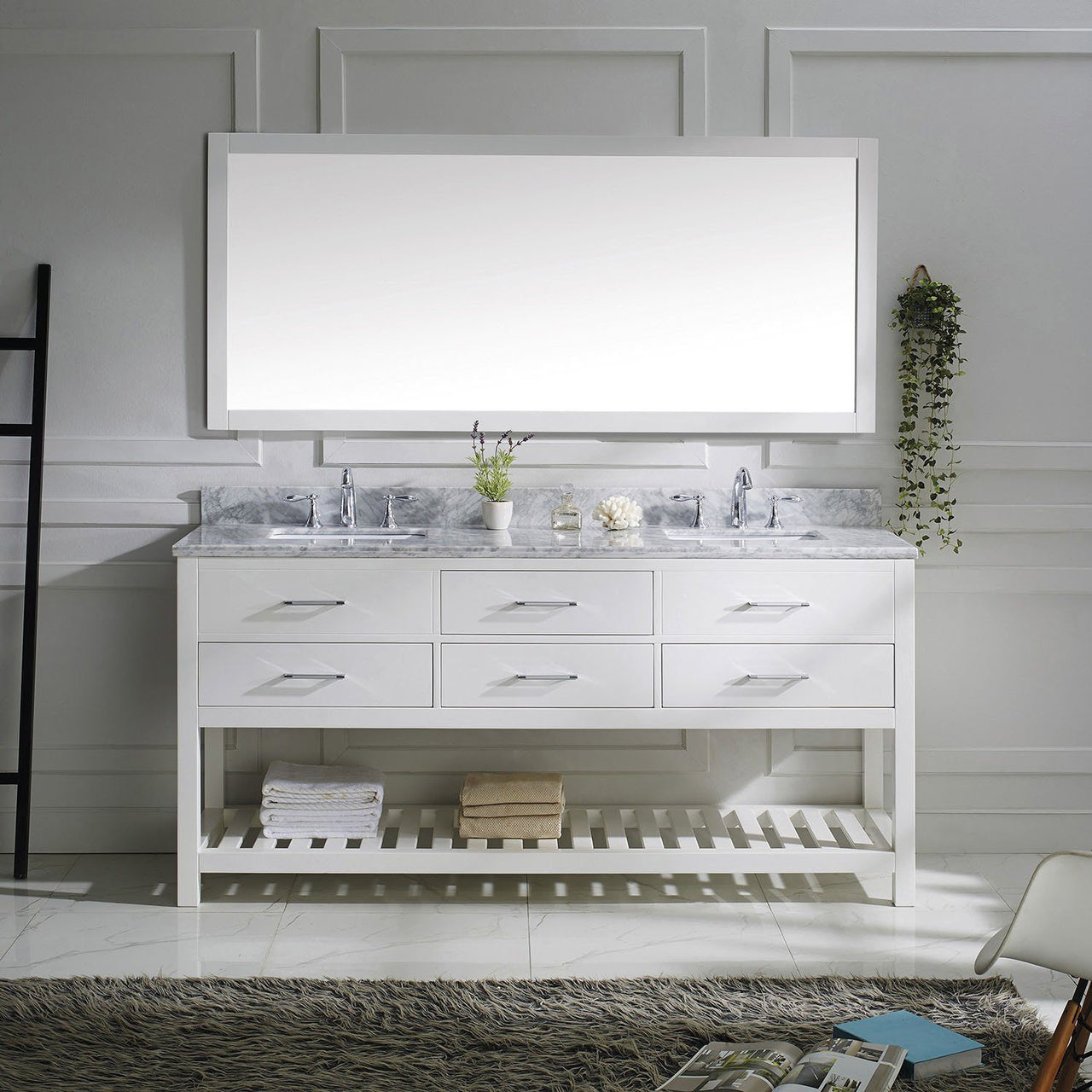 Virtu USA Caroline Estate 72" Double Square Sink White Top Vanity in White with Mirror Vanity Virtu USA 