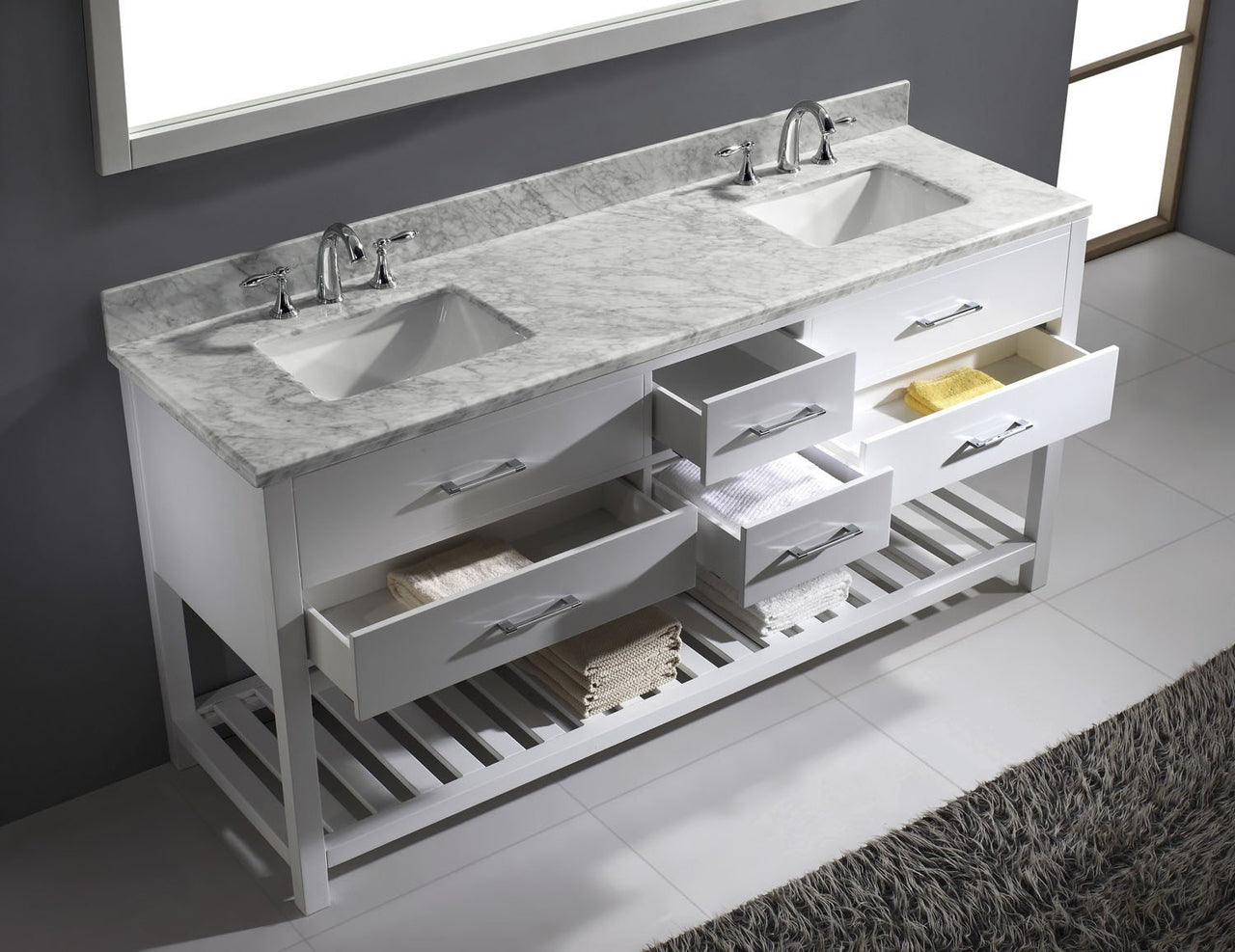 Virtu USA Caroline Estate 72" Double Square Sink White Top Vanity in White with Mirror Vanity Virtu USA 