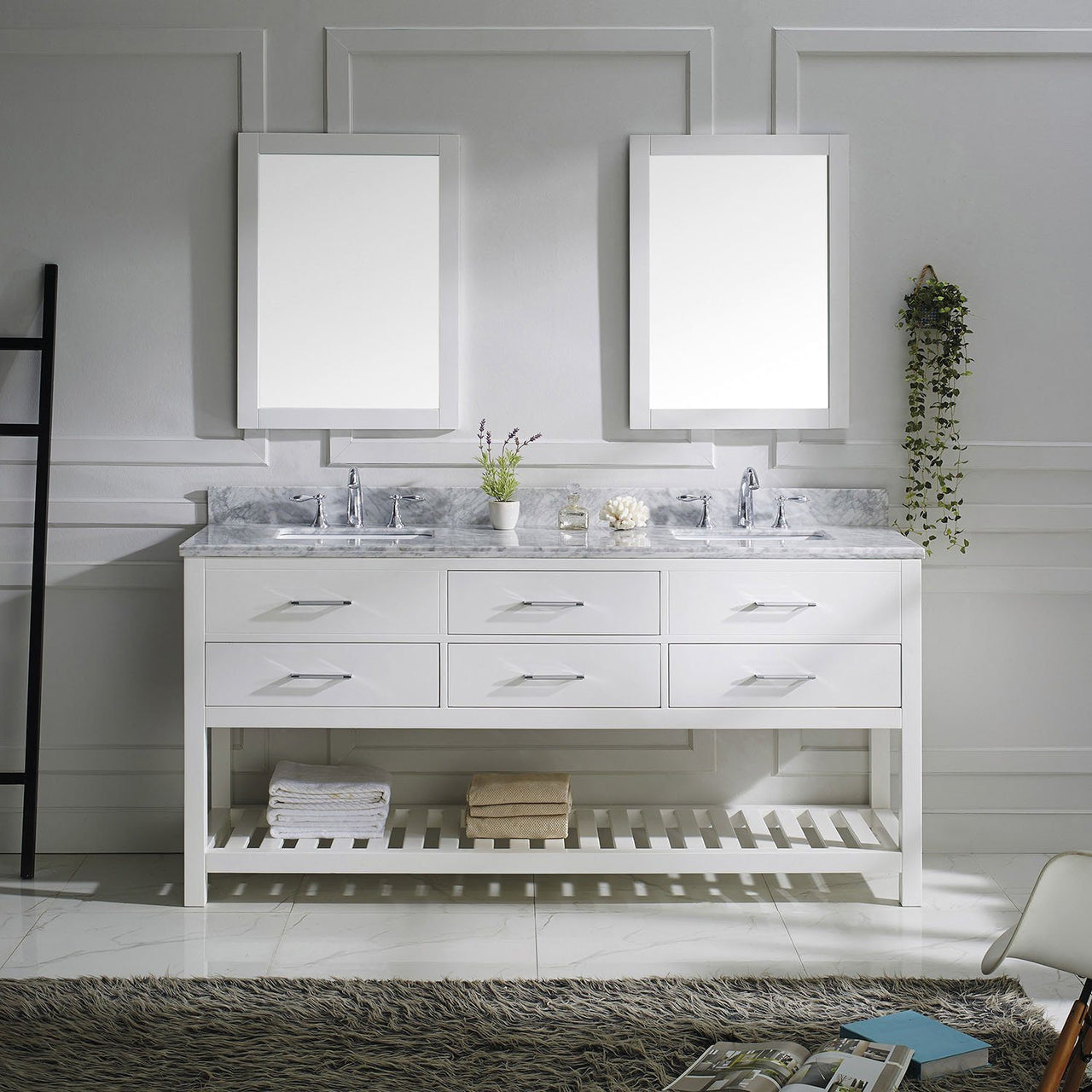 Virtu USA Caroline Estate 72" Double Square Sink White Top Vanity in White with Mirrors Vanity Virtu USA 