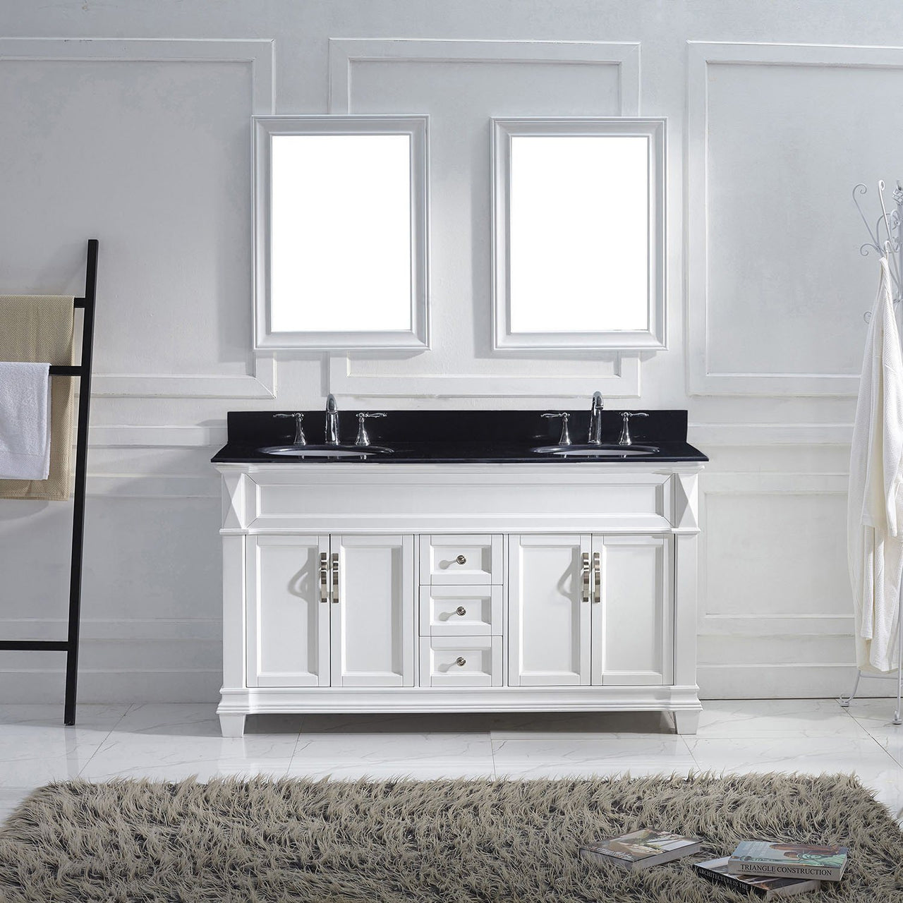 Virtu USA Victoria 60" Double Round Sink White Top Vanity in White with Mirrors Vanity Virtu USA 