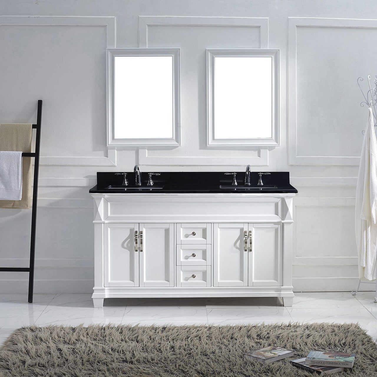 Virtu USA Victoria 60" Double Square Sink White Top Vanity in White with Mirrors Vanity Virtu USA 