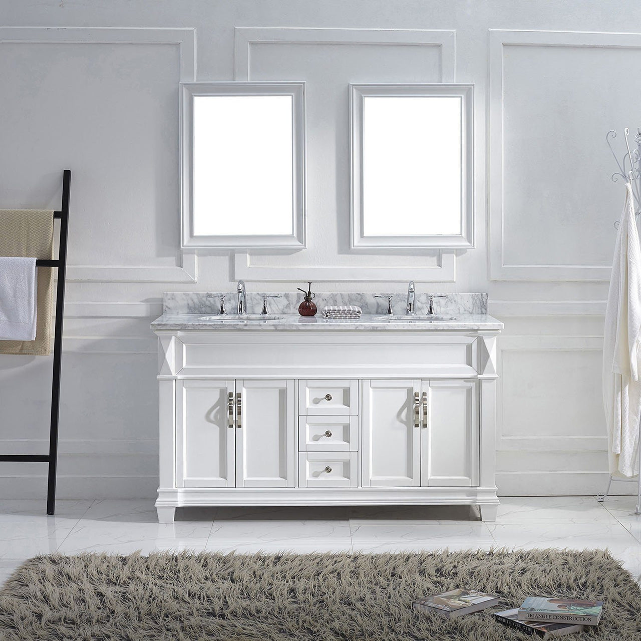 Virtu USA Victoria 60" Double Round Sink White Top Vanity in White with Mirrors Vanity Virtu USA 