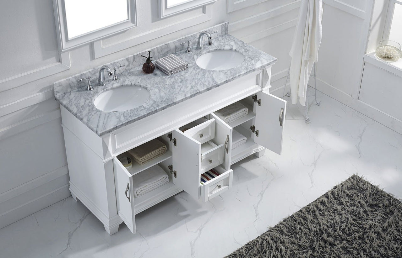 Virtu USA Victoria 60" Double Round Sink White Top Vanity in White with Mirrors Vanity Virtu USA 