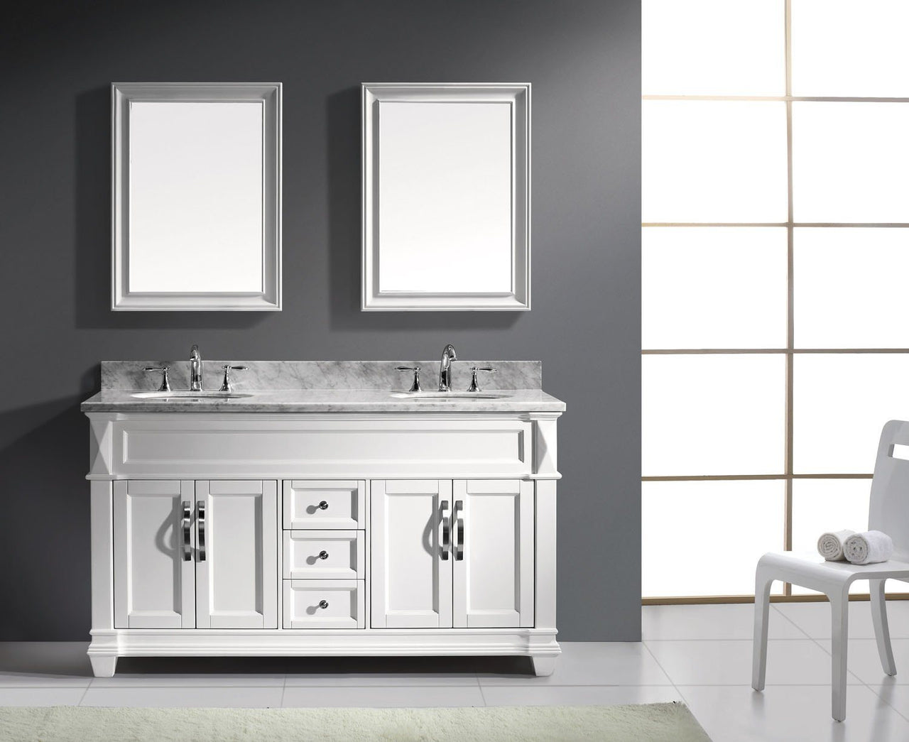 Virtu USA Victoria 60" Double Round Sink White Top Vanity in White with Mirrors Vanity Virtu USA 