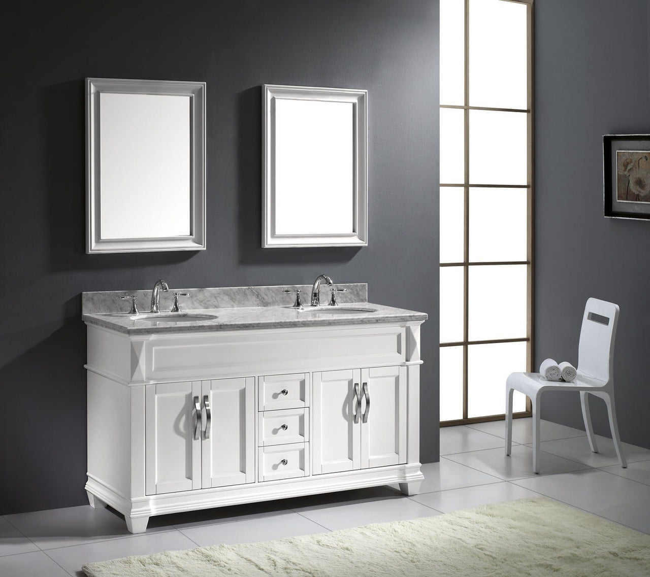 Virtu USA Victoria 60" Double Round Sink White Top Vanity in White with Mirrors Vanity Virtu USA 