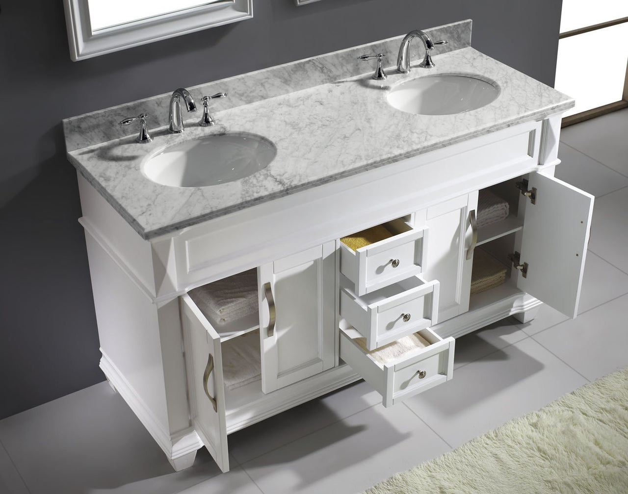 Virtu USA Victoria 60" Double Round Sink White Top Vanity in White with Mirrors Vanity Virtu USA 