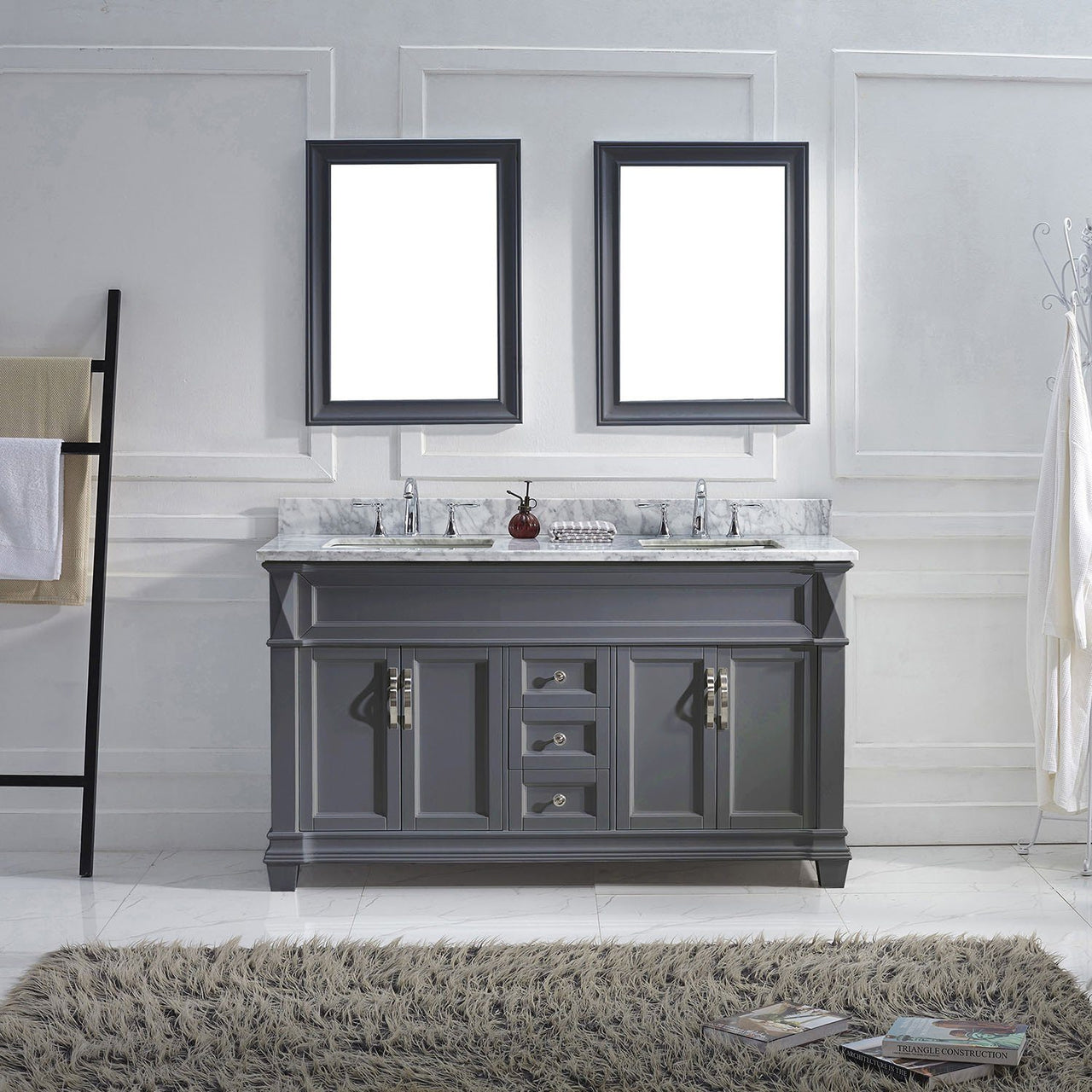 Virtu USA Victoria 60" Double Square Sink Grey Top Vanity in Grey with Mirrors Vanity Virtu USA 