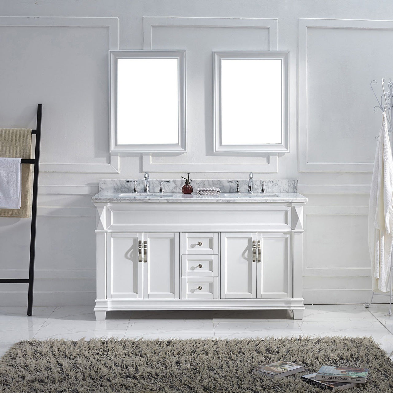 Virtu USA Victoria 60" Double Square Sink White Top Vanity in White with Mirrors Vanity Virtu USA 