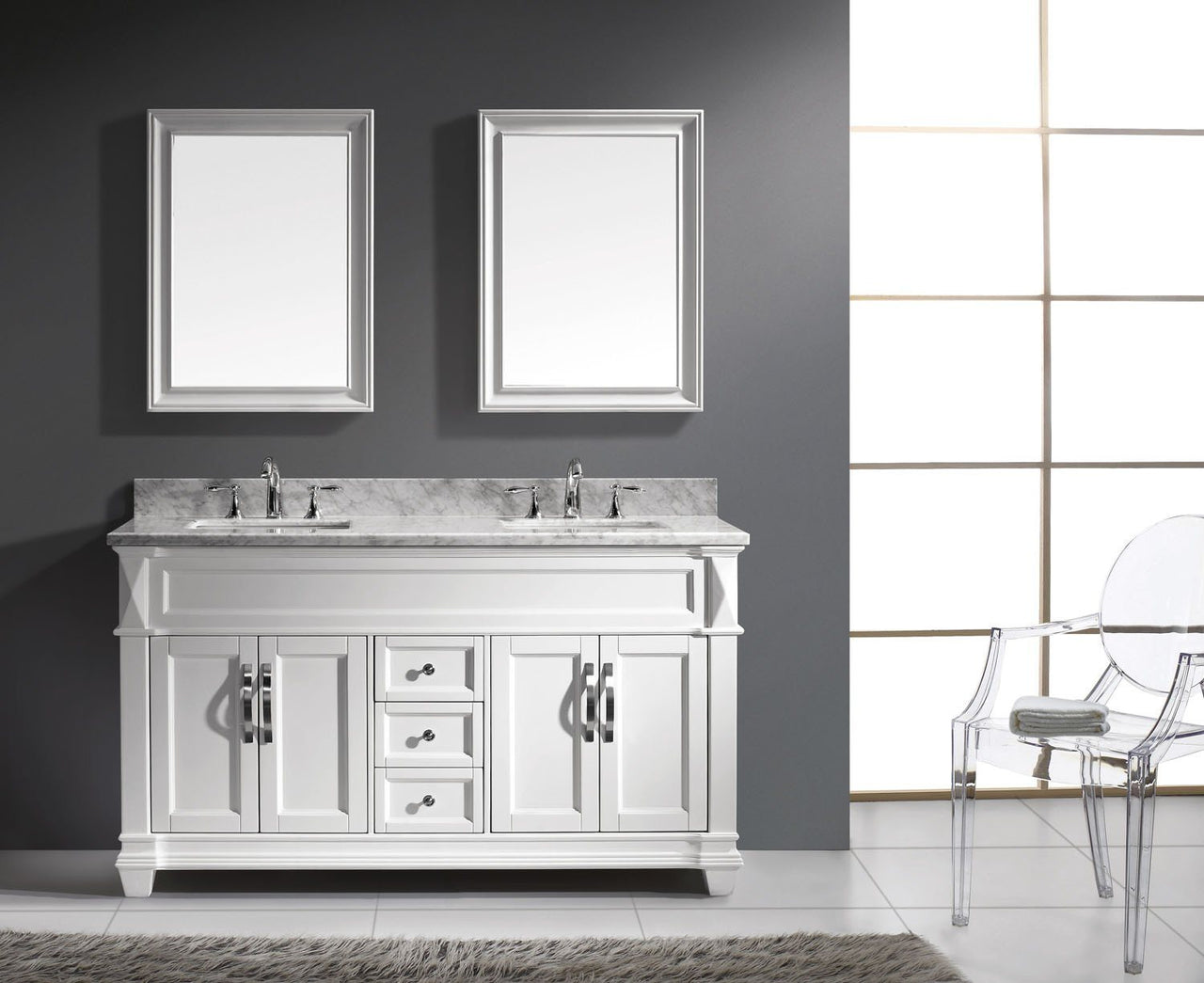 Virtu USA Victoria 60" Double Square Sink White Top Vanity in White with Mirrors Vanity Virtu USA 