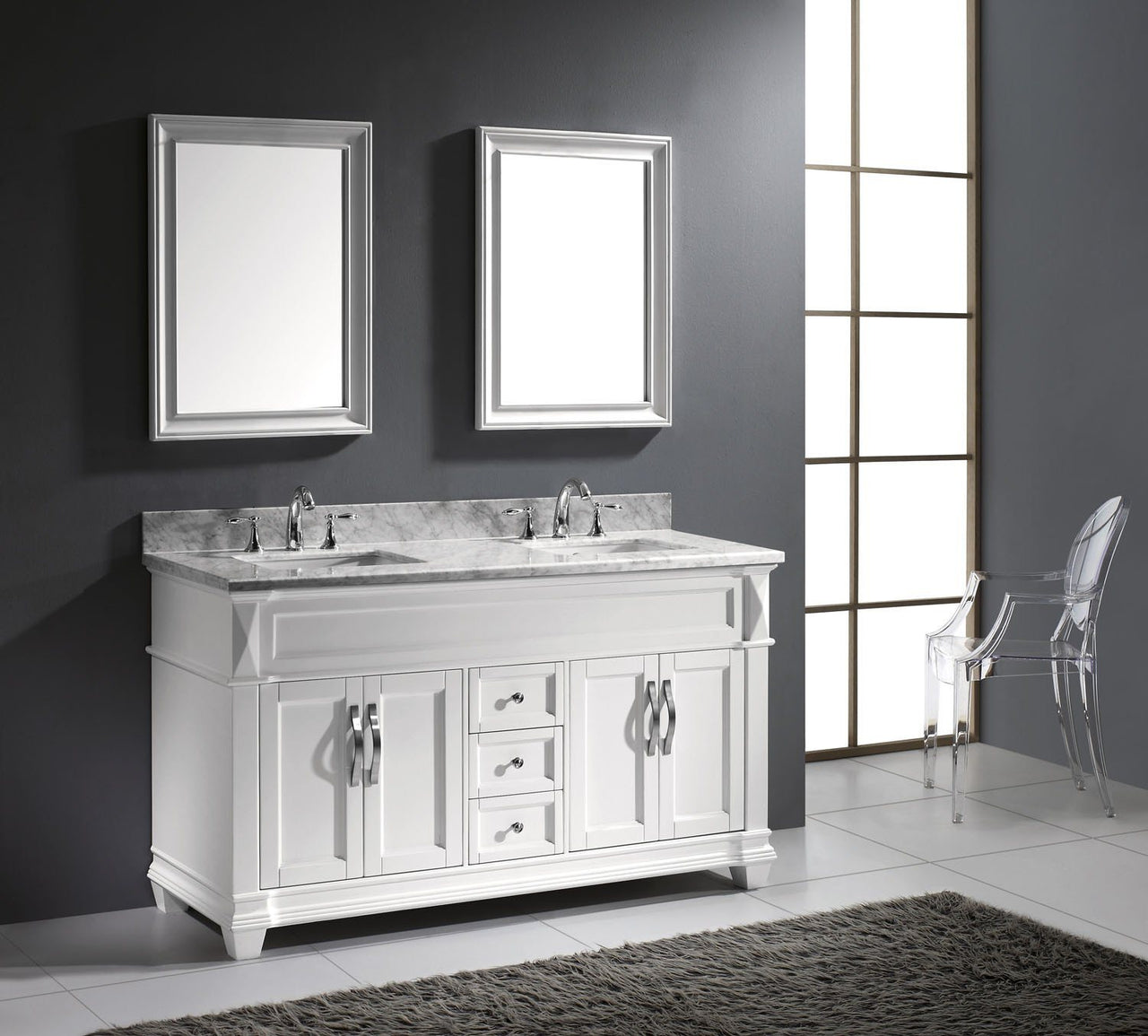 Virtu USA Victoria 60" Double Square Sink White Top Vanity in White with Mirrors Vanity Virtu USA 