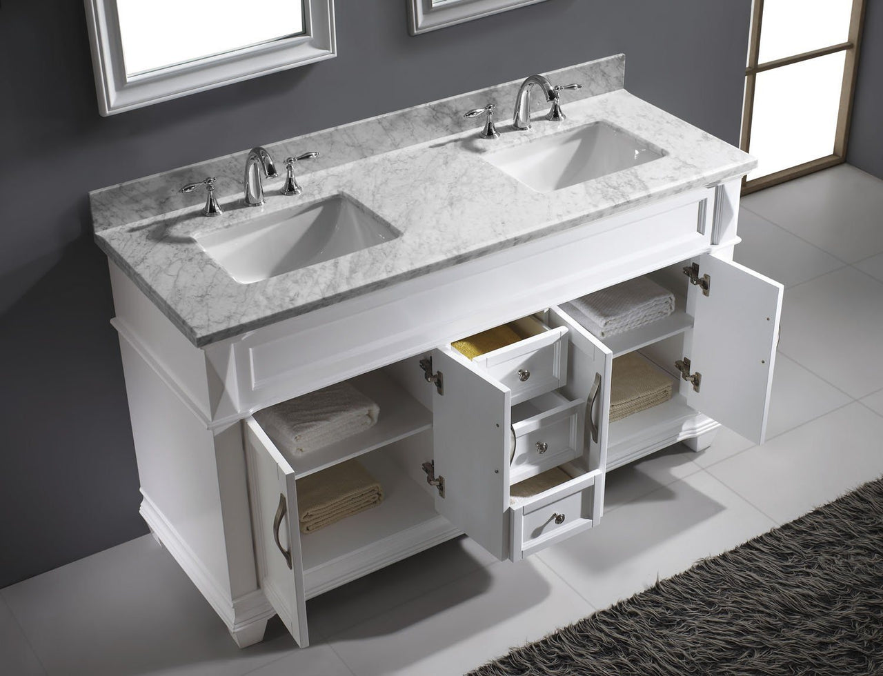 Virtu USA Victoria 60" Double Square Sink White Top Vanity in White with Mirrors Vanity Virtu USA 