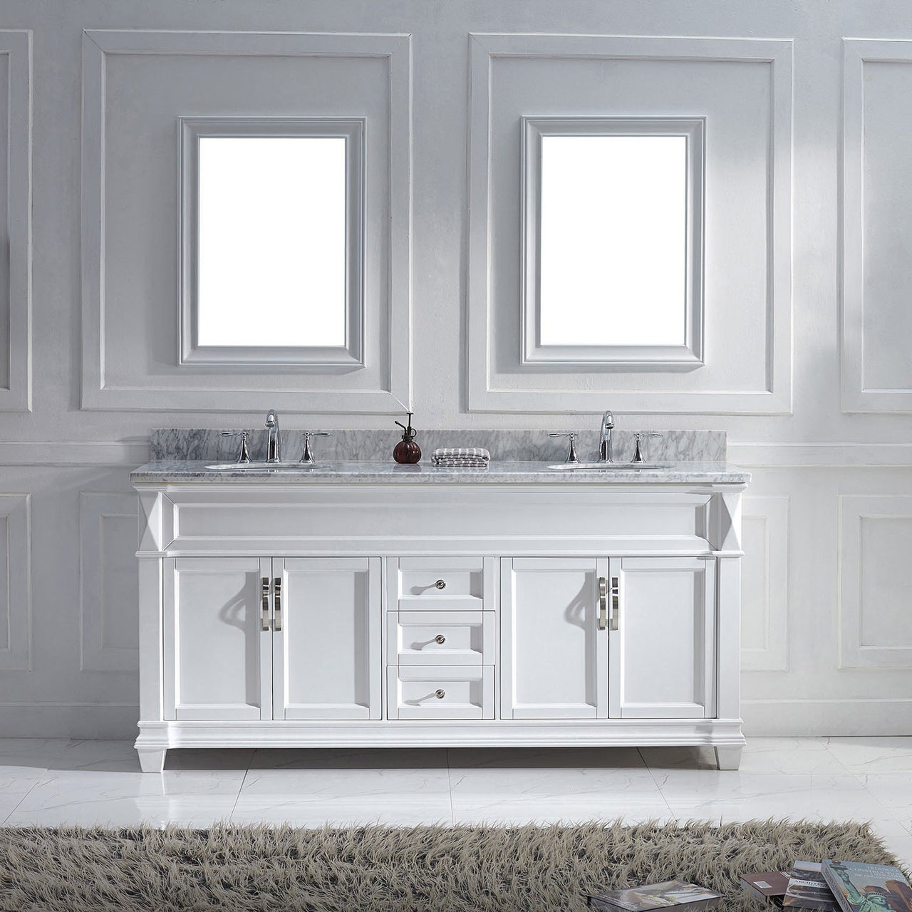 Virtu USA Victoria 72" Double Round Sink White Top Vanity in White with Mirrors Vanity Virtu USA 