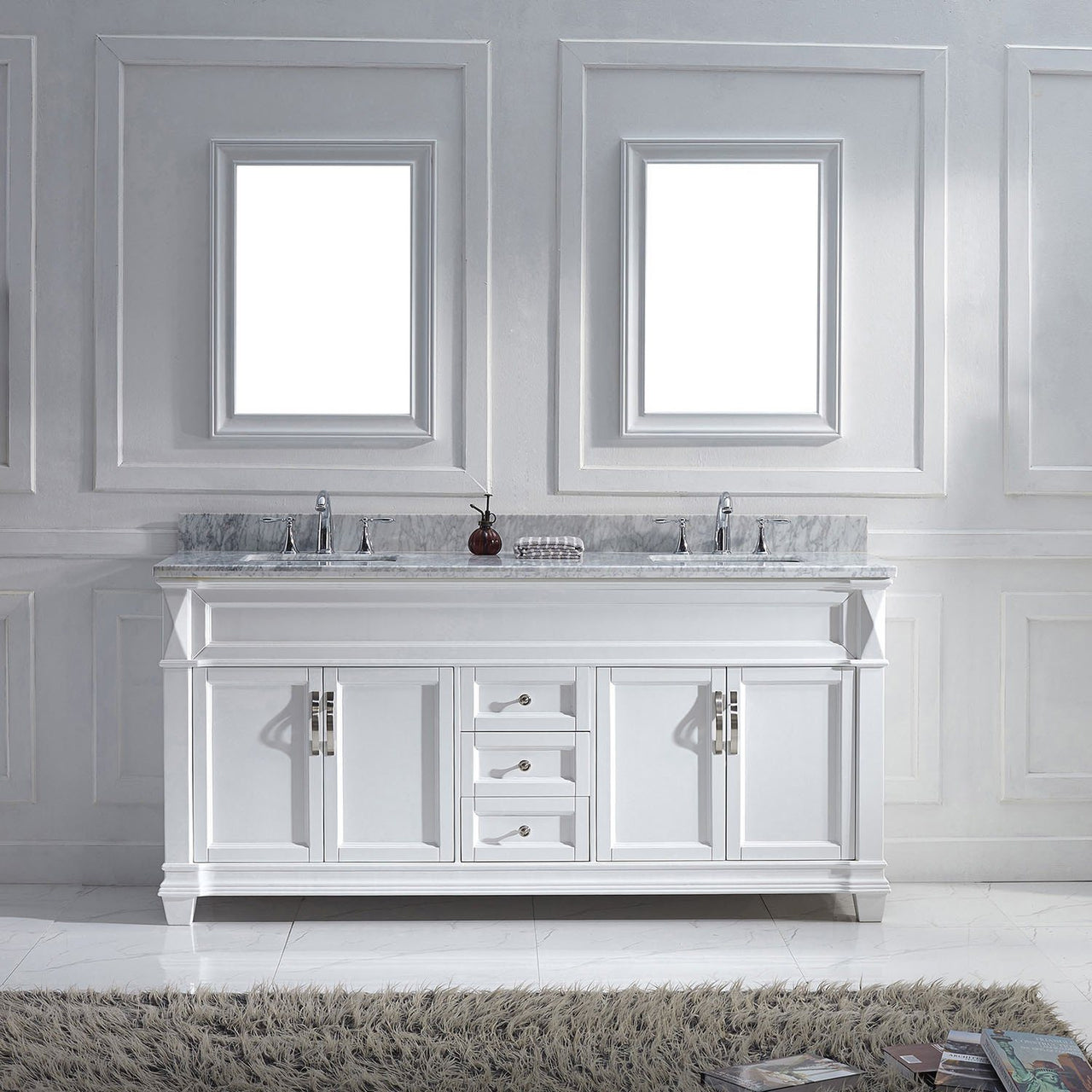 Virtu USA Victoria 72" Double Square Sink White Top Vanity in White with Mirrors Vanity Virtu USA 