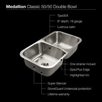 Thumbnail for Houzer Medallion Classic Series Undermount Stainless Steel 50/50 Double Bowl Kitchen Sink Kitchen Sink - Undermount Houzer 