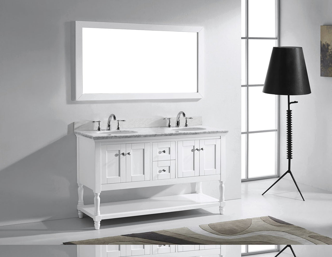 Virtu USA Julianna 60" Double Round Sink White Top Vanity in White with Mirror Vanity Virtu USA 