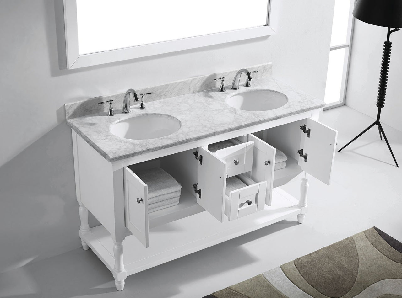 Virtu USA Julianna 60" Double Round Sink White Top Vanity in White with Mirror Vanity Virtu USA 