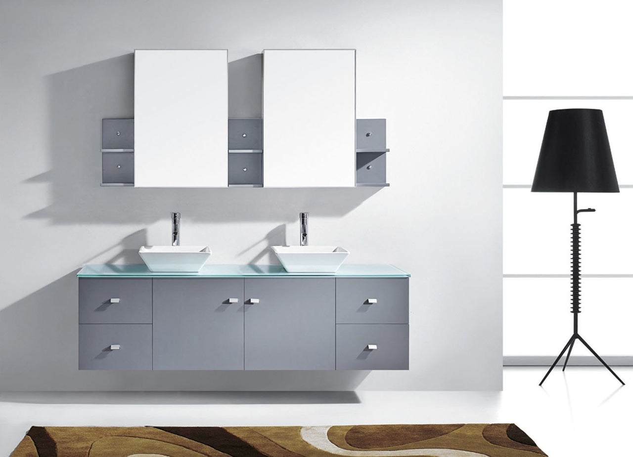 Virtu USA Clarissa 72" Double Square Sink Grey Top Vanity in Grey with Polished Chrome Faucet and Mirrors Vanity Virtu USA 