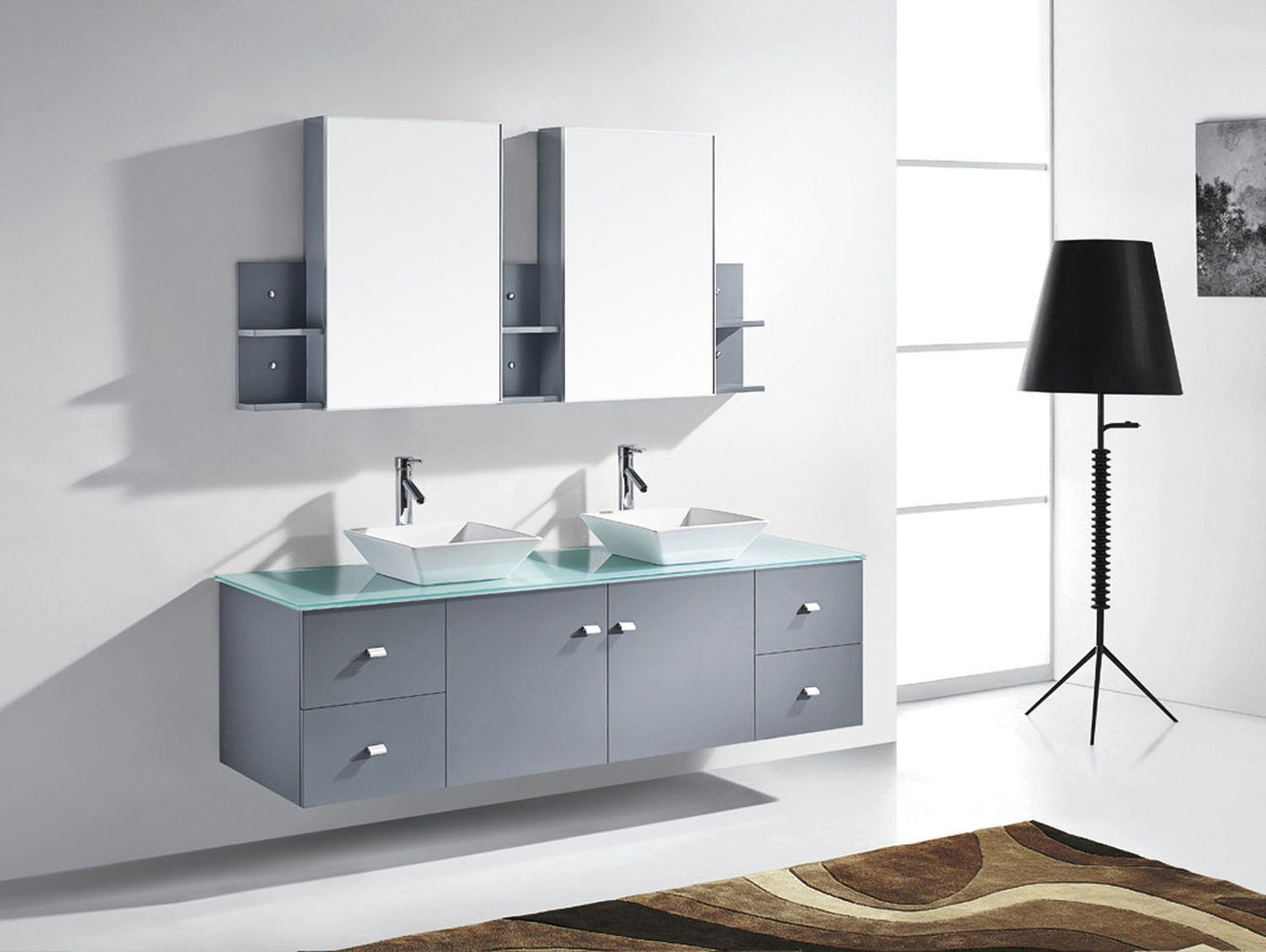 Virtu USA Clarissa 72" Double Square Sink Grey Top Vanity in Grey with Polished Chrome Faucet and Mirrors Vanity Virtu USA 
