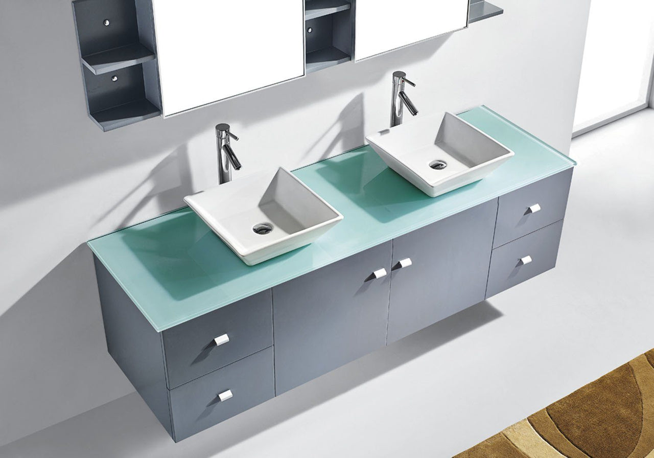 Virtu USA Clarissa 72" Double Square Sink Grey Top Vanity in Grey with Polished Chrome Faucet and Mirrors Vanity Virtu USA 