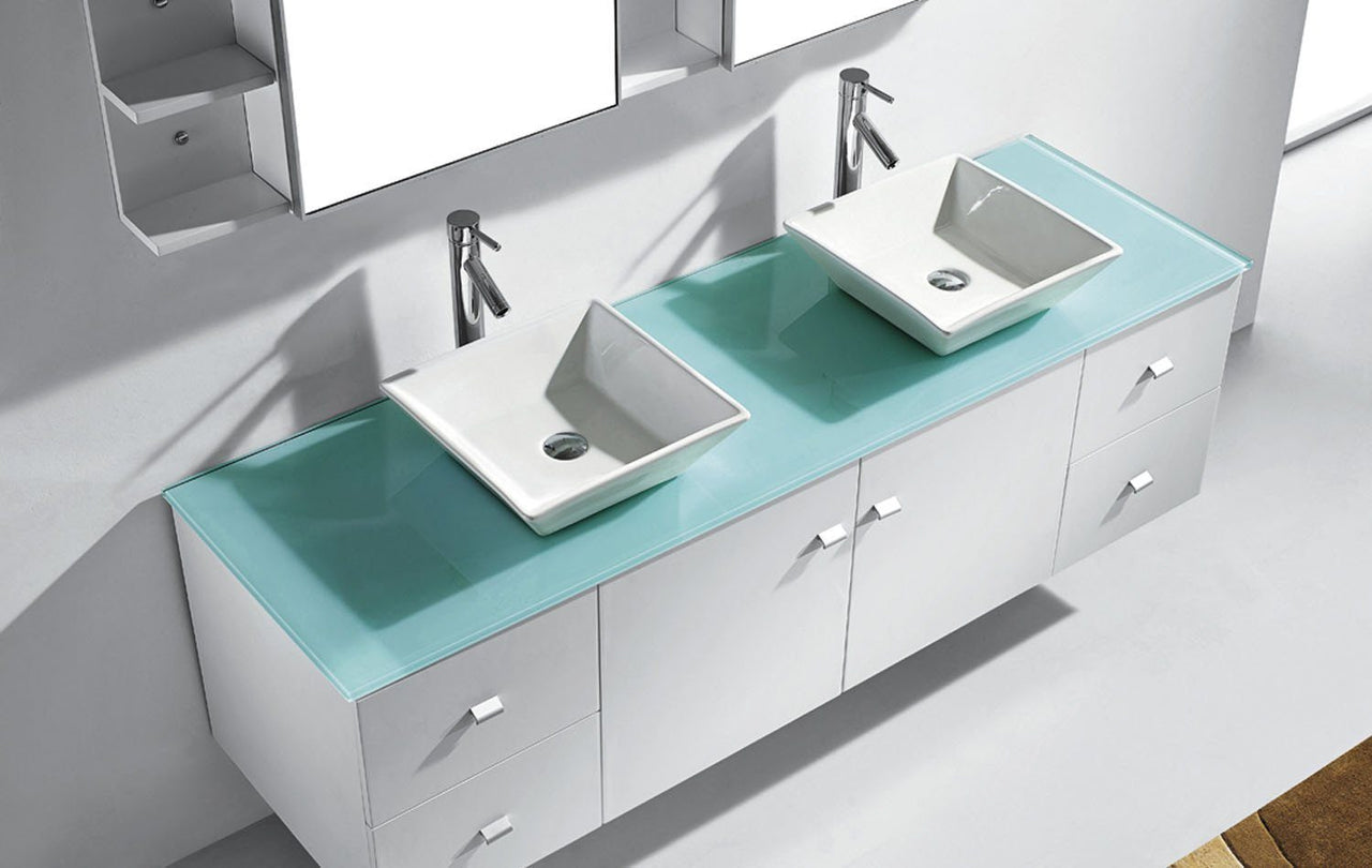 Virtu USA Clarissa 72" Double Square Sink White Top Vanity in White with Polished Chrome Faucet and Mirrors Vanity Virtu USA 