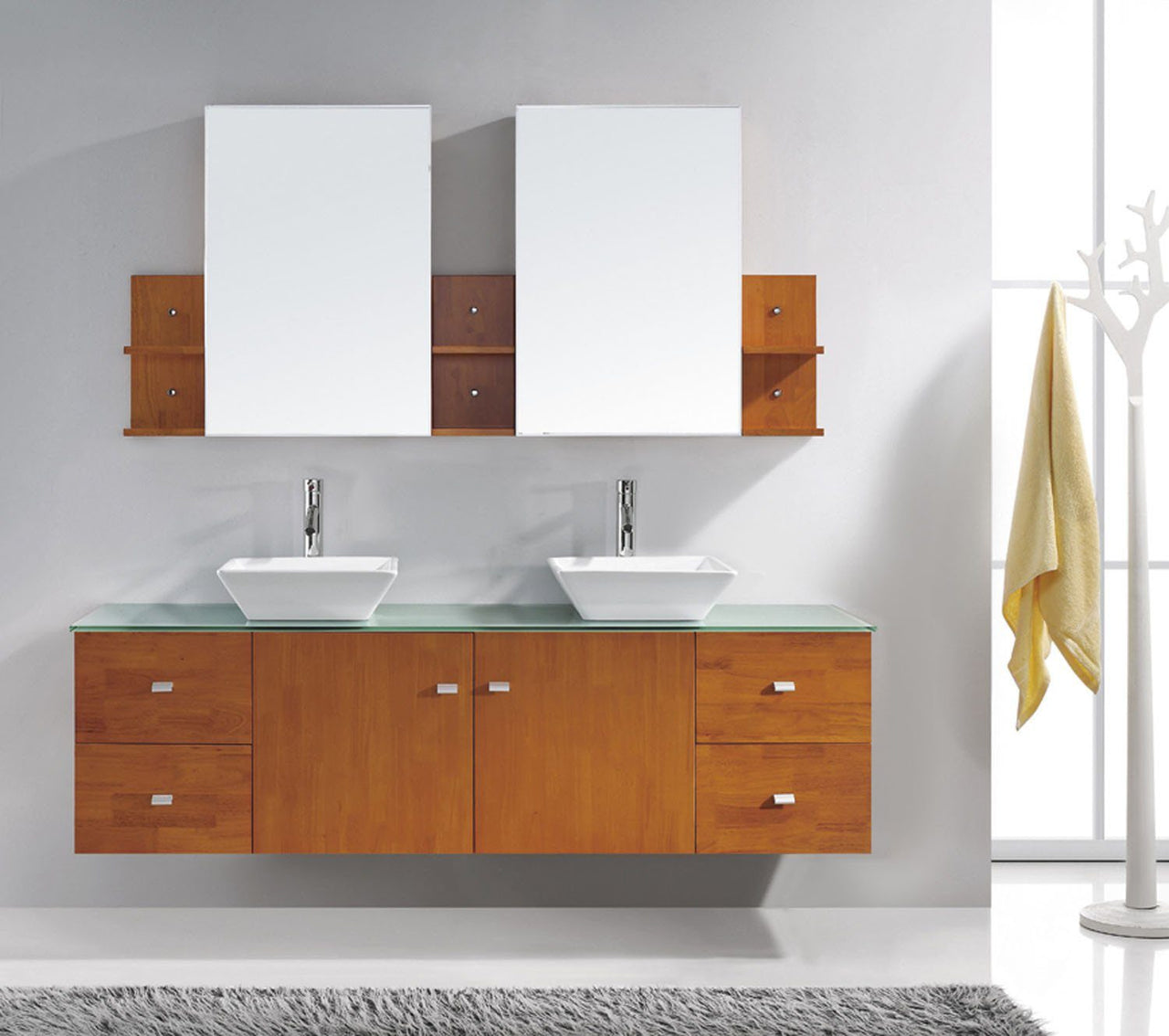 Virtu USA Clarissa 72" Double Square Sink Honey Oak Top Vanity in Honey Oak with Brushed Nickel Faucet and Mirrors Vanity Virtu USA 