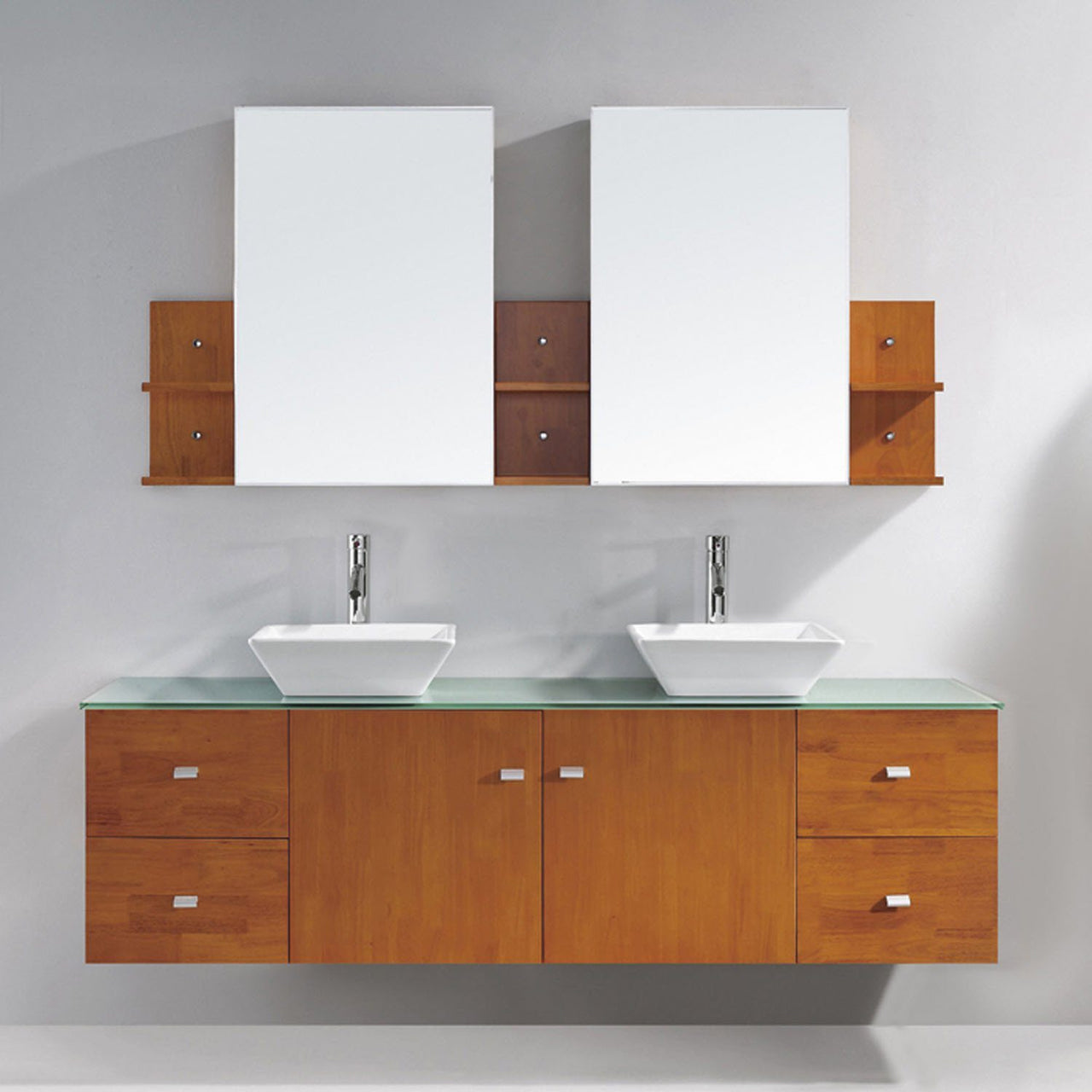 Virtu USA Clarissa 72" Double Square Sink Honey Oak Top Vanity in Honey Oak with Brushed Nickel Faucet and Mirrors Vanity Virtu USA 