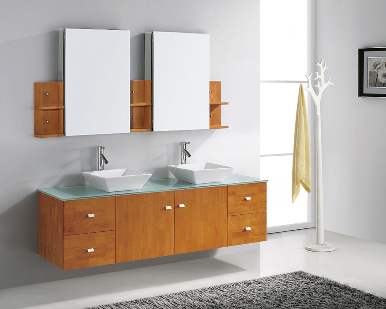 Virtu USA Clarissa 72" Double Square Sink Honey Oak Top Vanity in Honey Oak with Brushed Nickel Faucet and Mirrors Vanity Virtu USA 