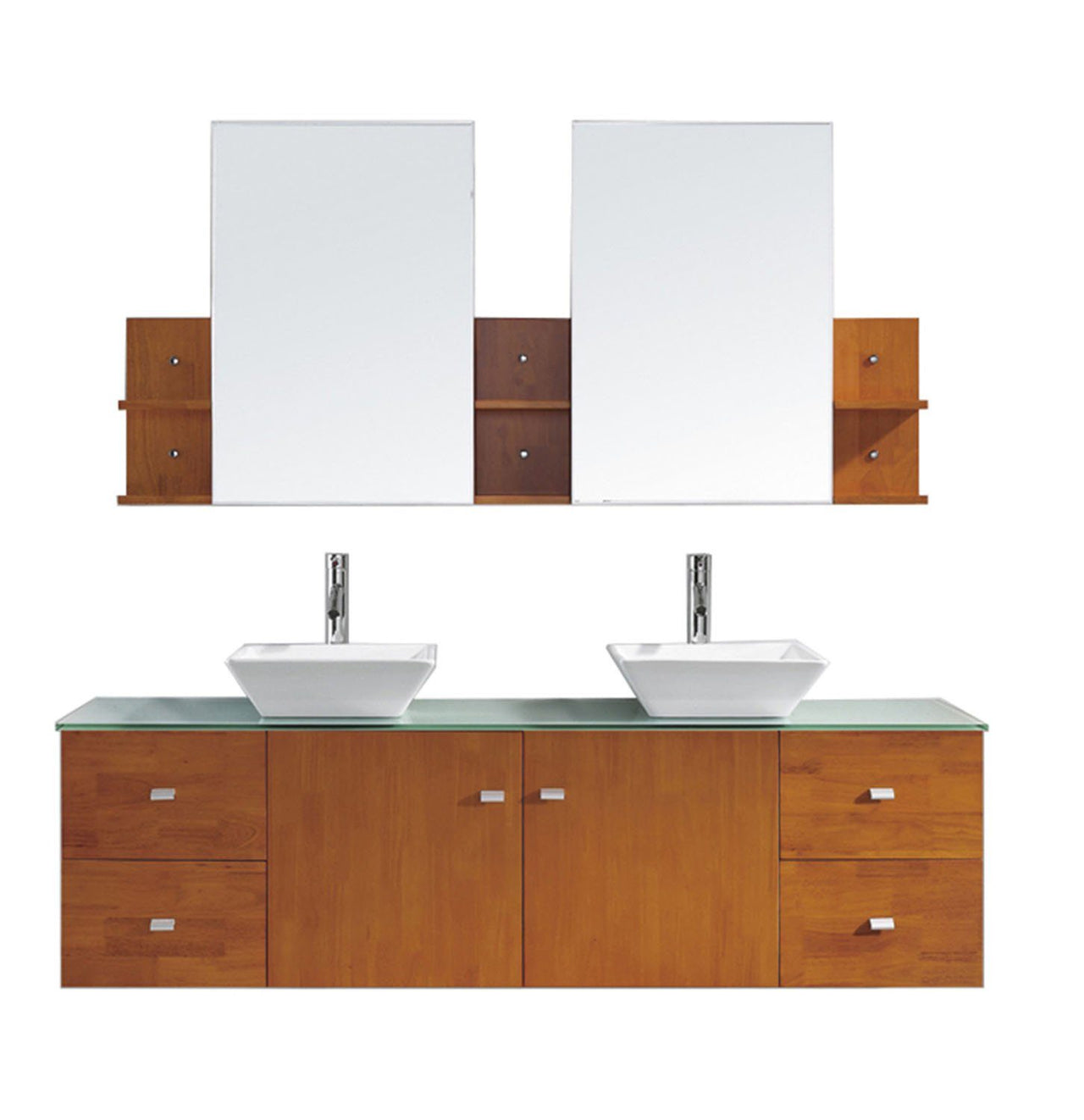 Virtu USA Clarissa 72" Double Square Sink Honey Oak Top Vanity in Honey Oak with Brushed Nickel Faucet and Mirrors Vanity Virtu USA 
