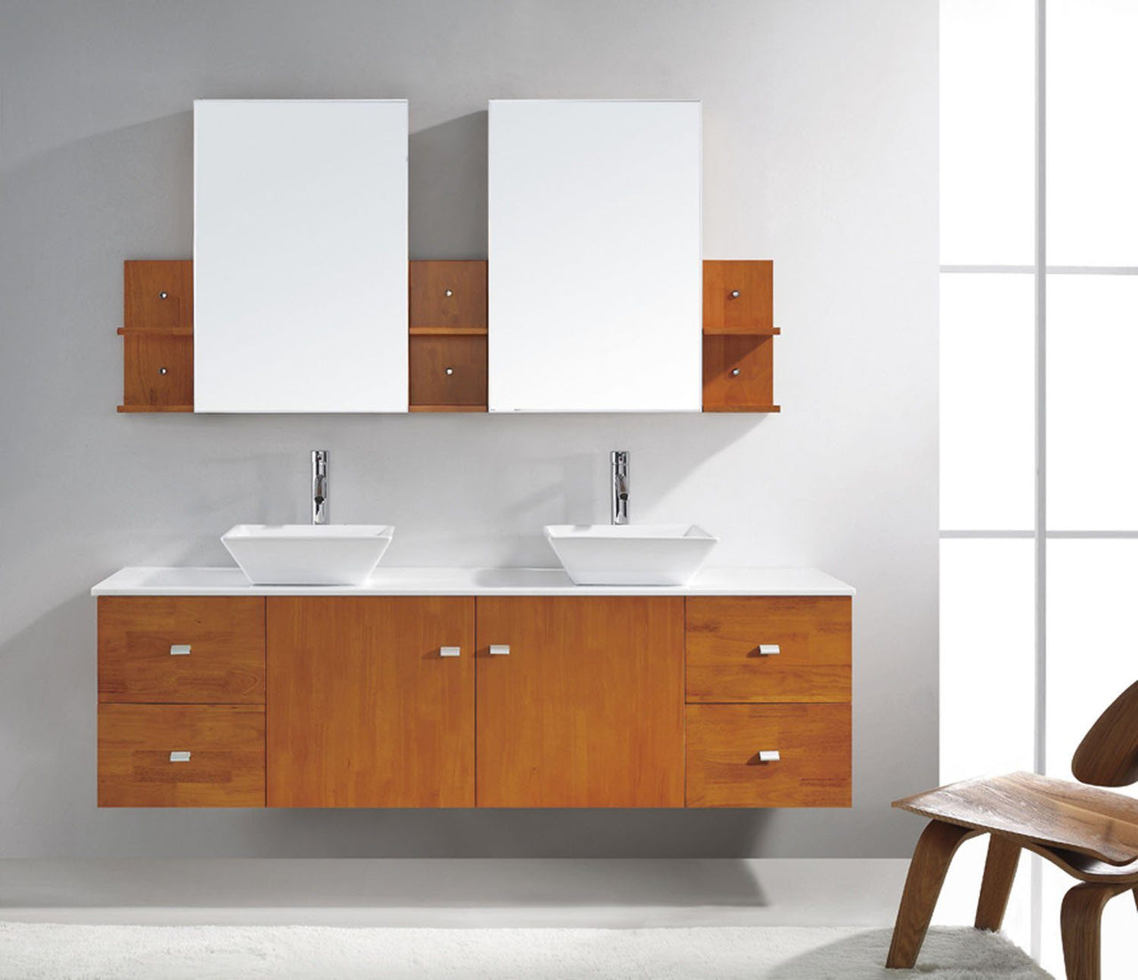 Virtu USA Clarissa 72" Double Square Sink Honey Oak Top Vanity in Honey Oak with Polished Chrome Faucet and Mirrors Vanity Virtu USA 