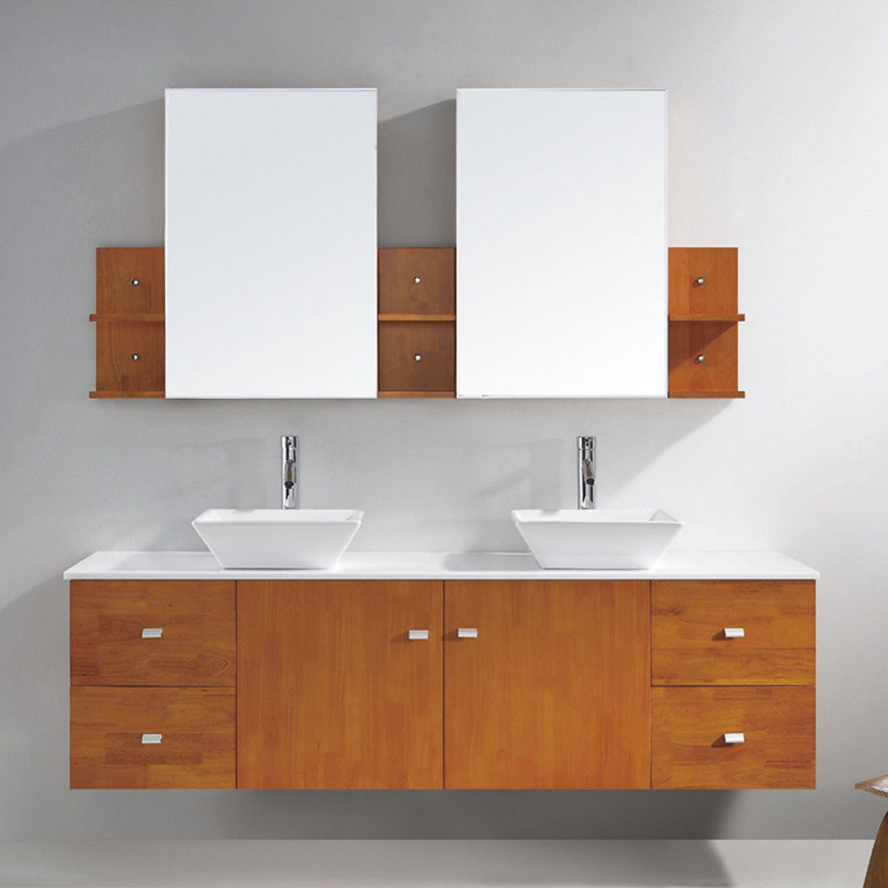 Virtu USA Clarissa 72" Double Square Sink Honey Oak Top Vanity in Honey Oak with Polished Chrome Faucet and Mirrors Vanity Virtu USA 