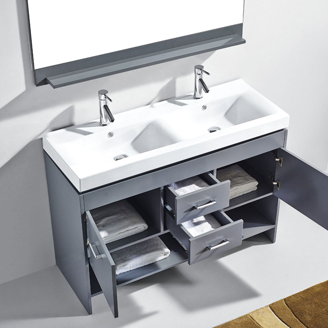 Virtu USA Gloria 48 Double Square Sink Grey Top Vanity Brushed Faucet and Mirror Vanity Virtu USA 