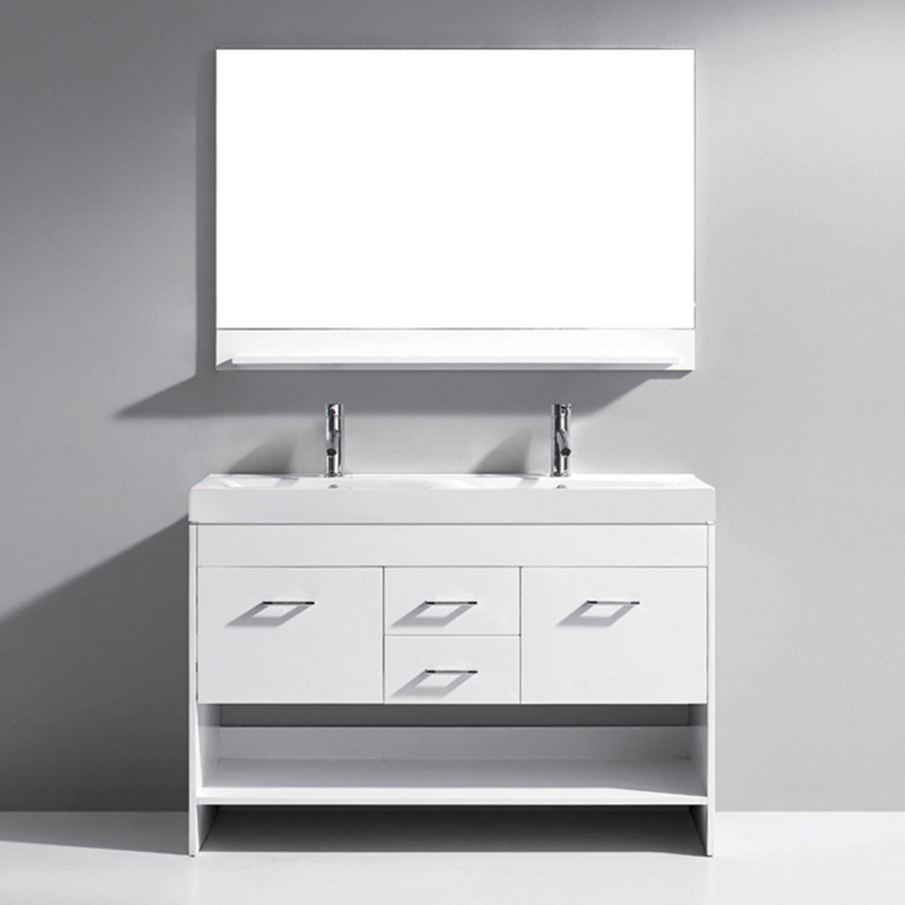 Virtu USA Gloria 48" Double Square Sink White Top Vanity in White with Brushed Nickel Faucet and Mirror Vanity Virtu USA 