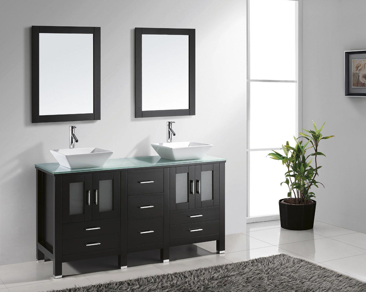 Virtu USA Bradford 60" Double Square Sink Espresso Top Vanity in Espresso with Brushed Nickel Faucet and Mirrors Vanity Virtu USA 