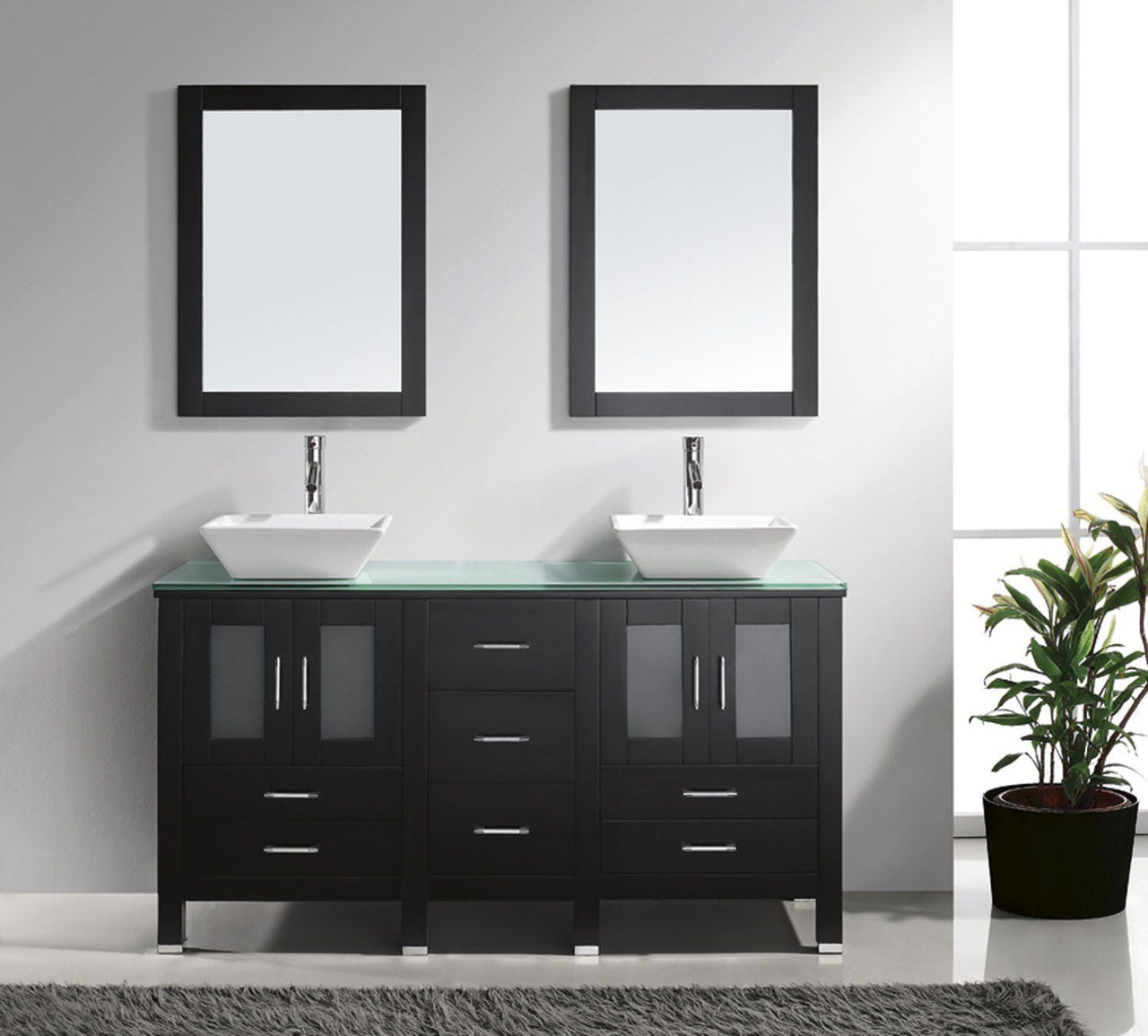 Virtu USA Bradford 60" Double Square Sink Espresso Top Vanity in Espresso with Brushed Nickel Faucet and Mirrors Vanity Virtu USA 