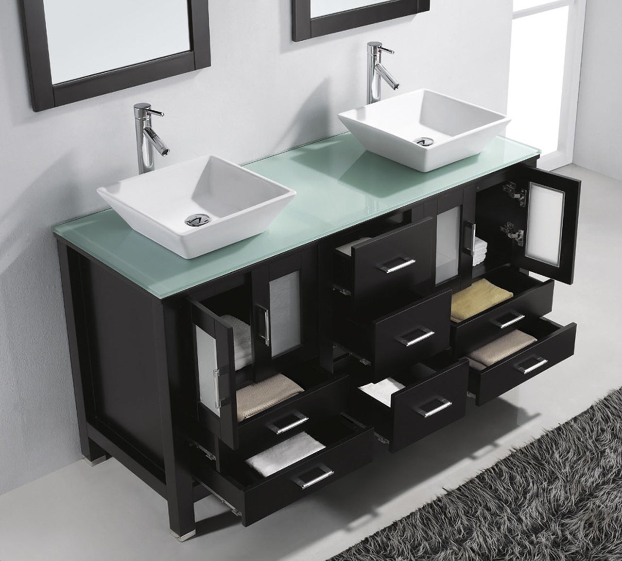 Virtu USA Bradford 60" Double Square Sink Espresso Top Vanity in Espresso with Brushed Nickel Faucet and Mirrors Vanity Virtu USA 